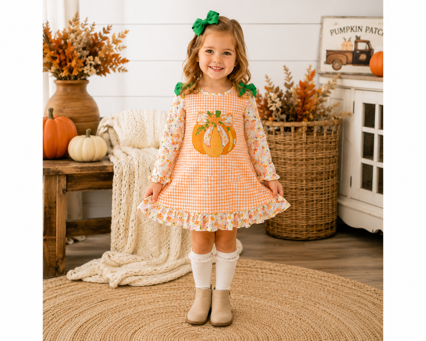 A young girl stands in a cozy, autumn-themed room wearing a peach and white gingham dress with a pumpkin applique on the chest, green leaf shoulder accents, and a green bow in her hair.