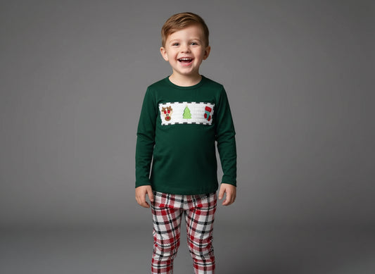 Christmas Smocked Outfit – Reindeer, Stocking & Tree (Unisex Baby, Toddler & Kids) by Small Beginnings Boutique