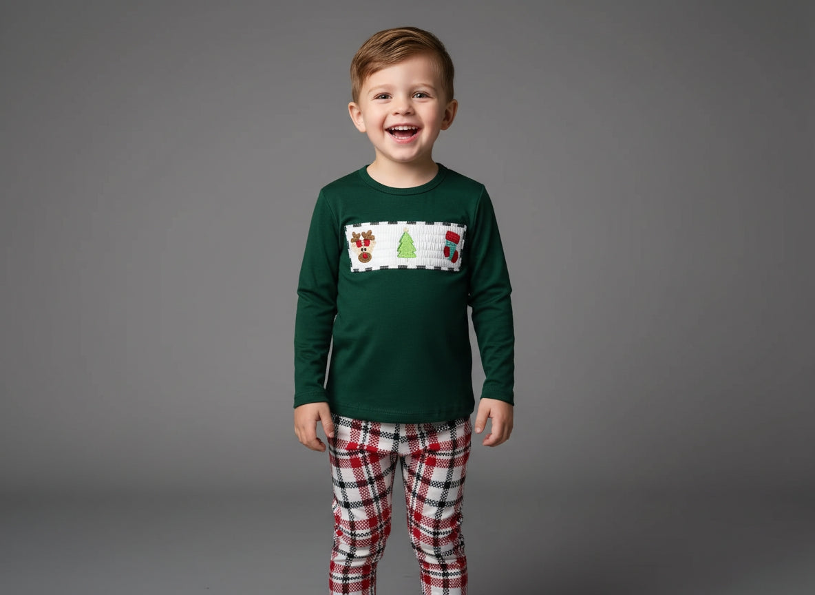 Christmas Smocked Outfit – Reindeer, Stocking & Tree (Unisex Baby, Toddler & Kids) by Small Beginnings Boutique