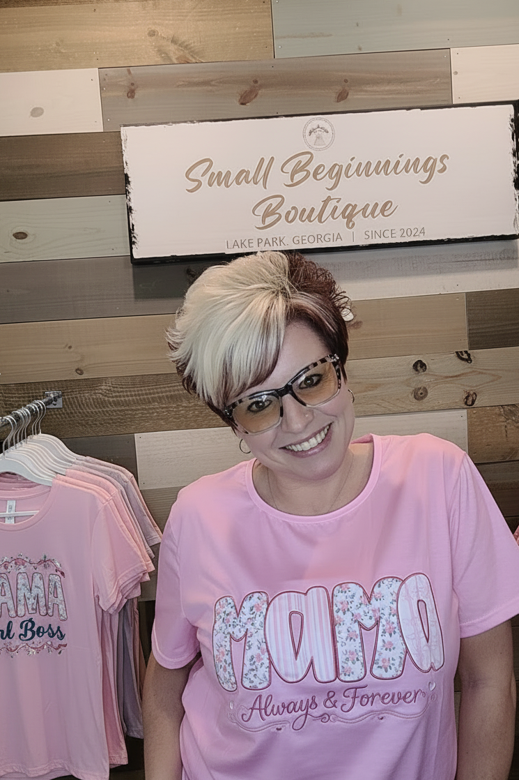 Pink MAMA Embroidered T-Shirt with Floral Appliqué - Mother's Day Gift