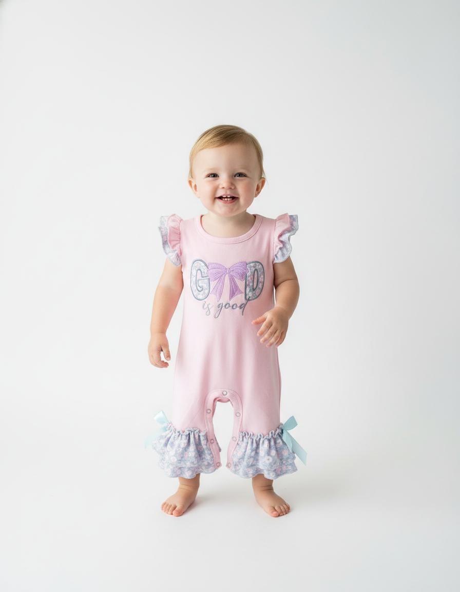 God Is Good” Embroidered Baby Romper – Faith-Inspired Baby Clothing