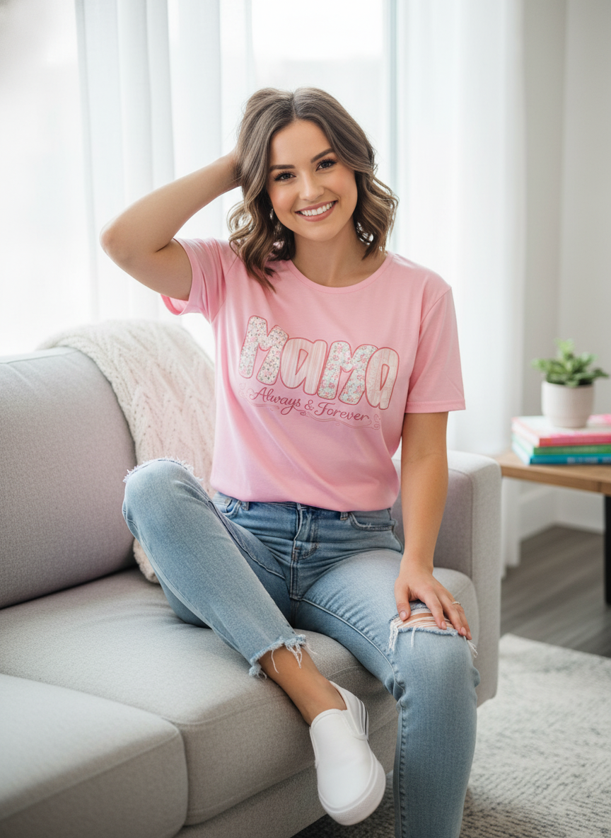 Pink MAMA Embroidered T-Shirt with Floral Appliqué - Mother's Day Gift