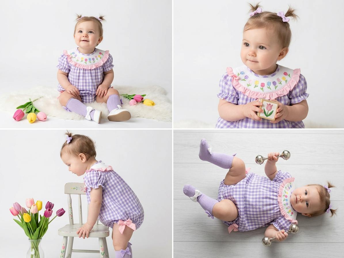 Lavender Bubble Romper for Baby Girls – Matching Smocked Dress Set