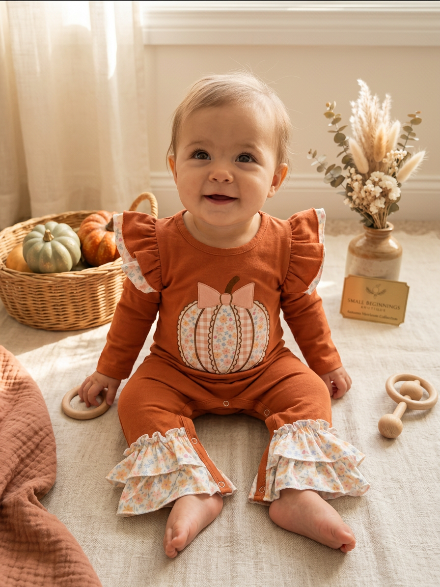 Baby Girl Pumpkin Appliqué Heirloom Romper Floral Rust with Ruffles