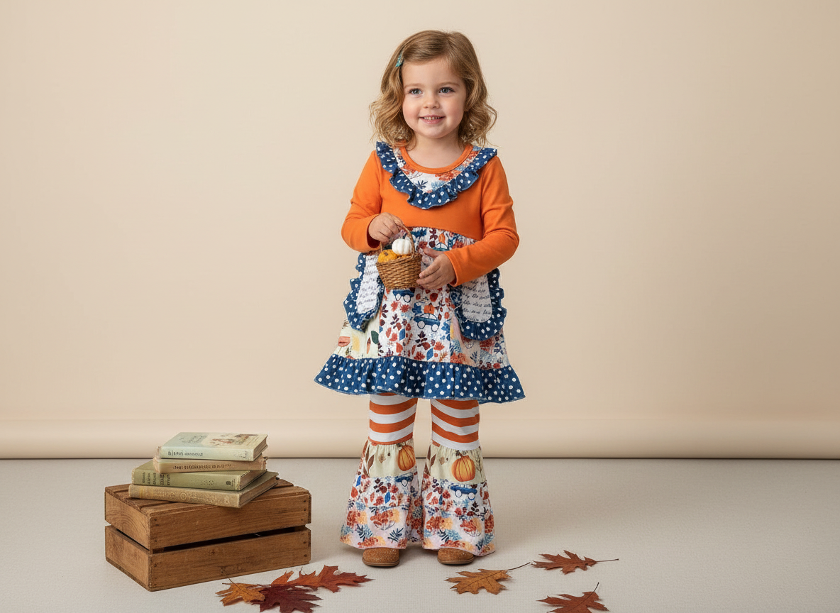 Harvest Bloom Girls Orange and Blue Pumpkin Long Sleeve Bell Bottom Boutique Outfit