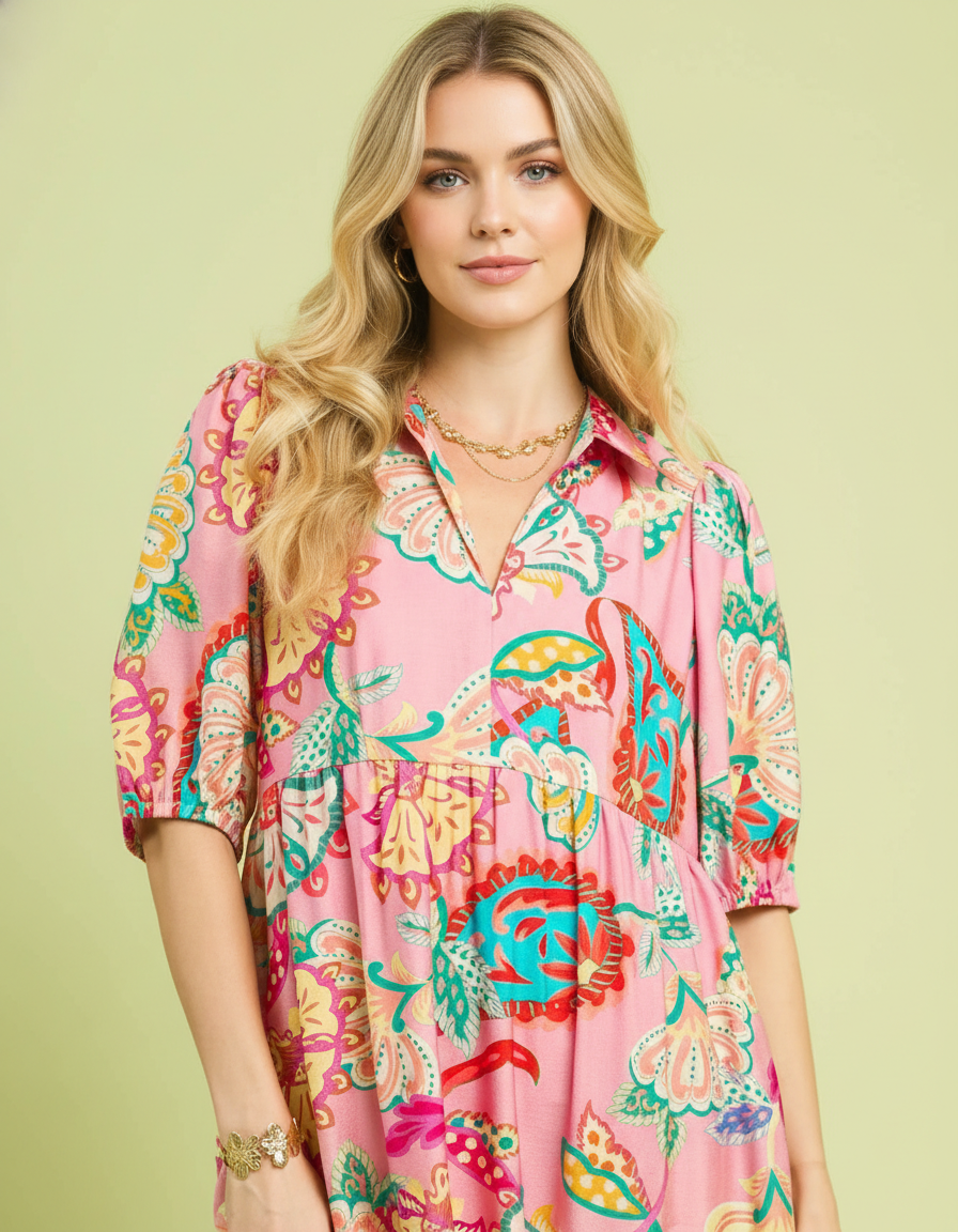 Mix Paisley Floral Print Midi Dress- Umgee