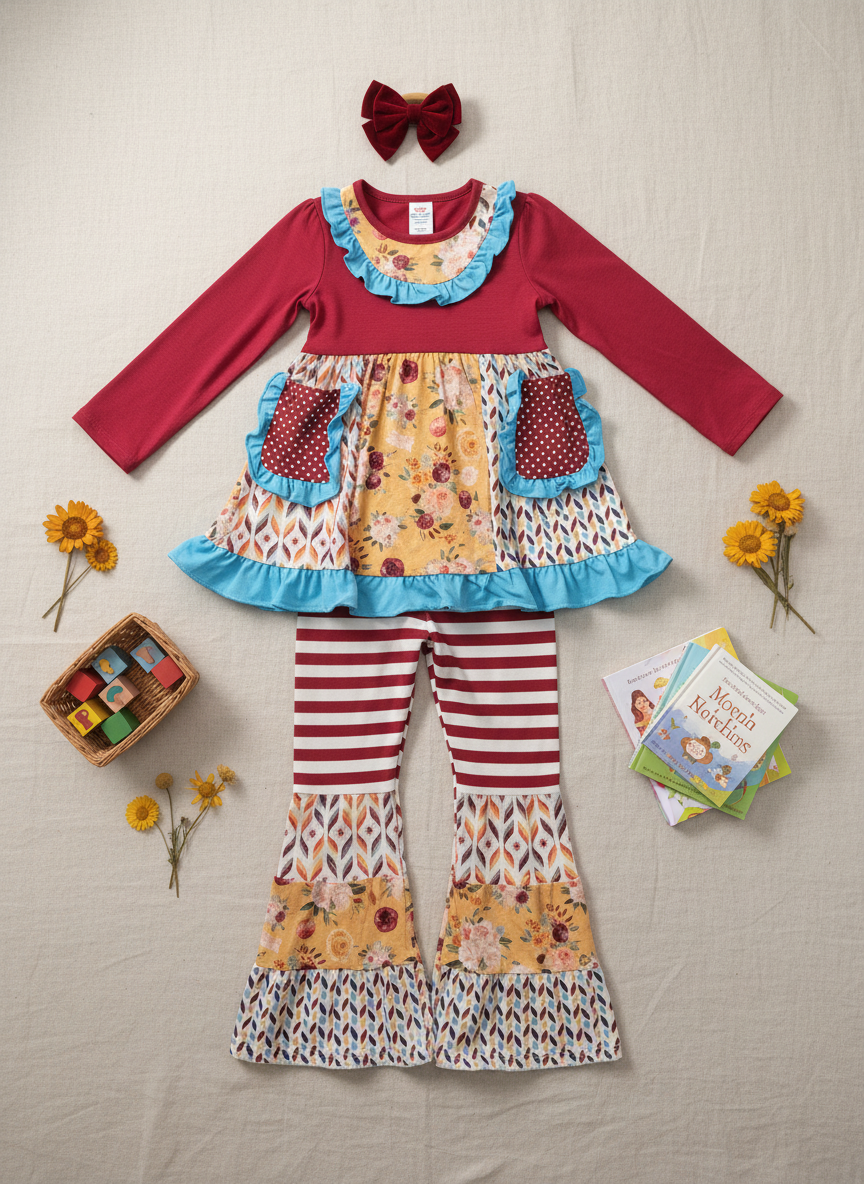 Maroon Garden Floral Long Sleeve Bell Bottom Patched Outfit