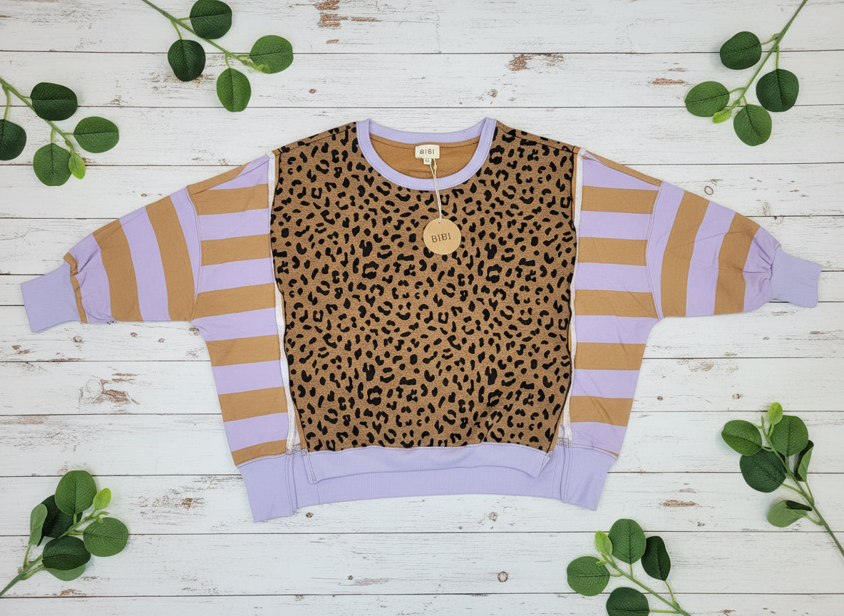Leopard & Stripe Color Block Pullover – Lilac & Mustard | BIBI Top