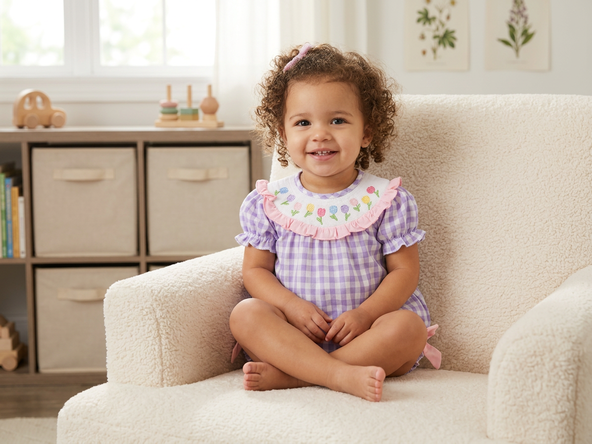 Lavender Bubble Romper for Baby Girls – Matching Smocked Dress Set