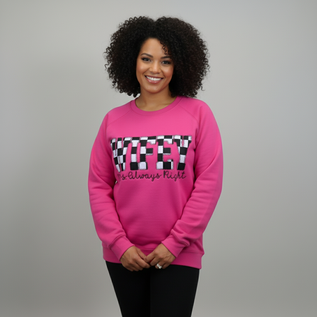 Embroidered Retro Wifey Sweatshirt – Hot Pink Mrs. Always Right