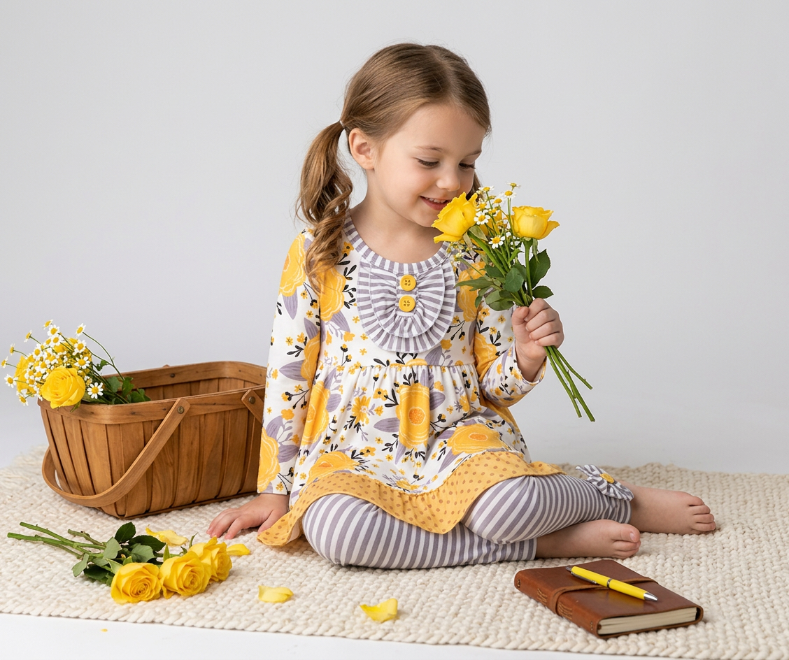 You are my Sunshine Polka Dot & Flower Two‑Piece Boutique Outfit – Toddler & Big Kids Ruffle Set