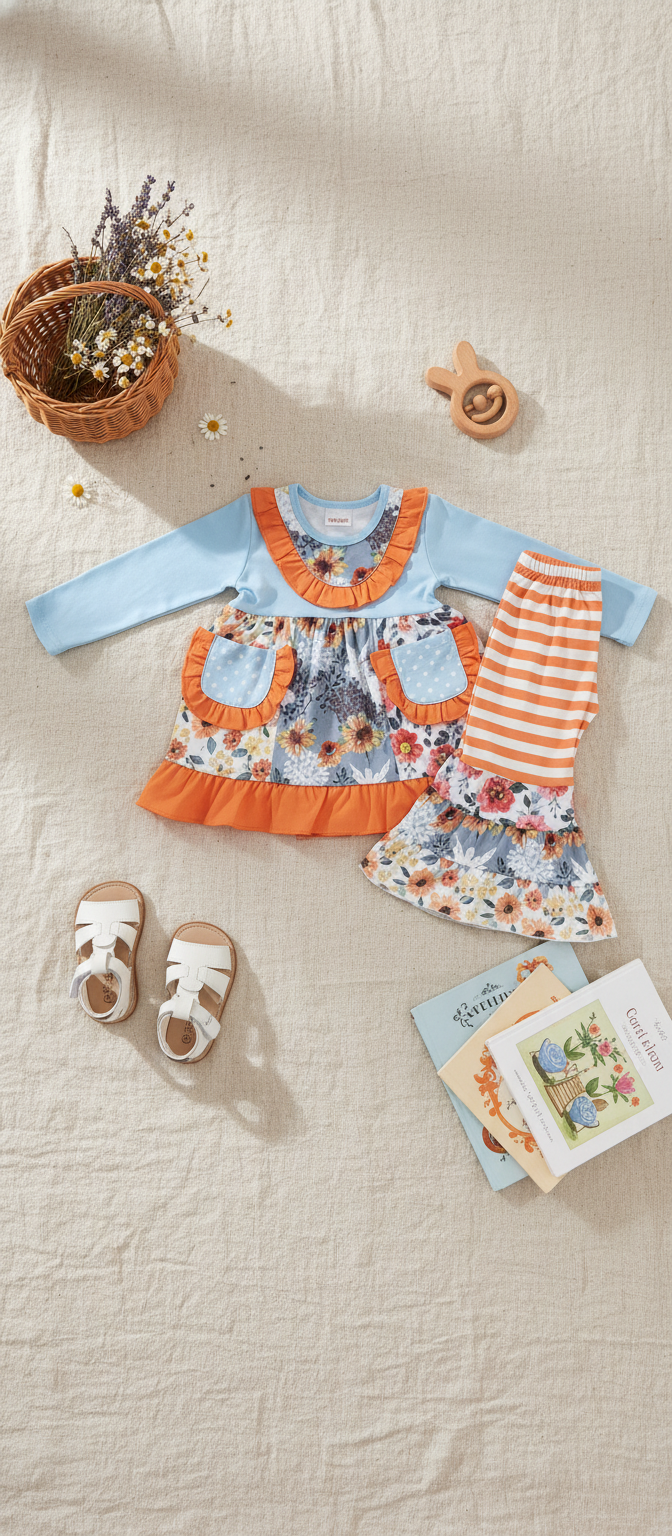 Girls Fall Bell Bottom Outfit – Light Blue Floral Boutique Set for Little Girls