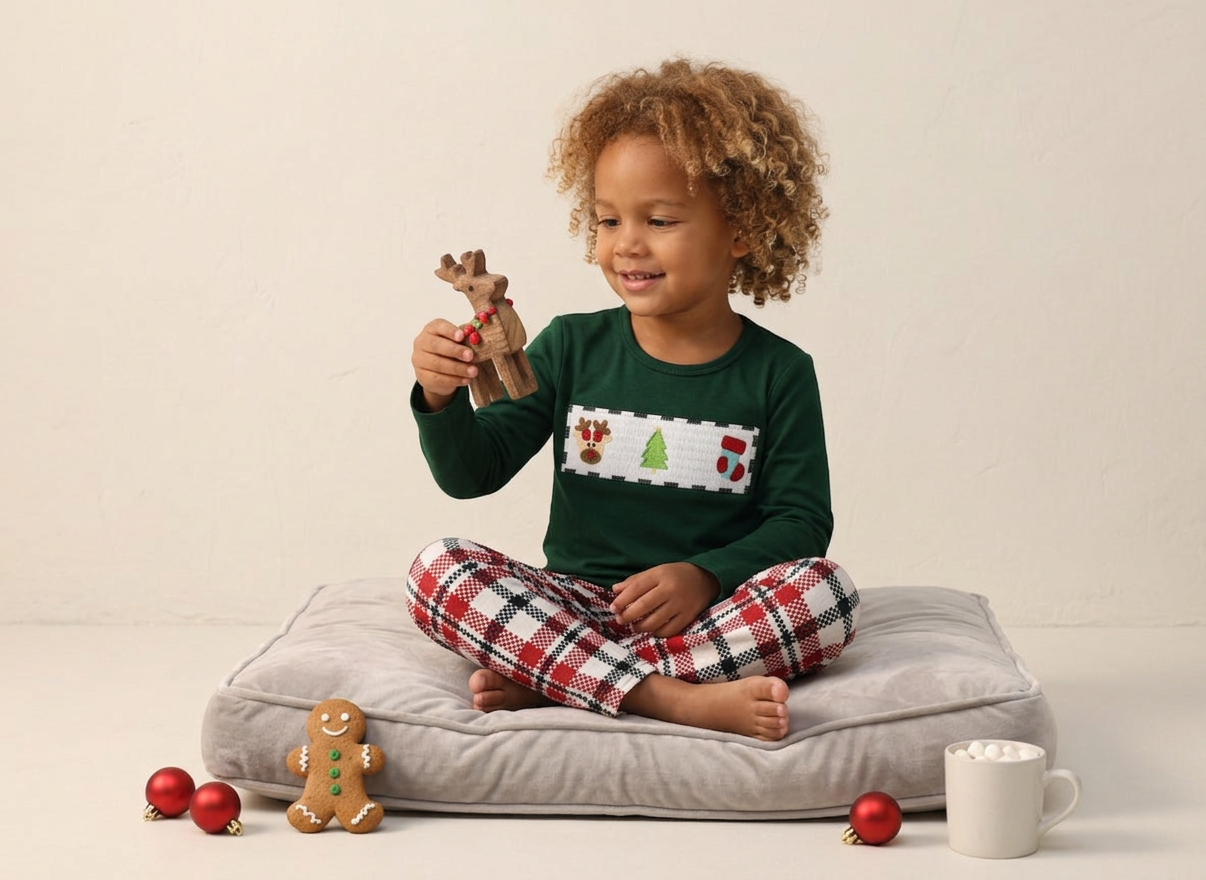 Christmas Smocked Outfit – Reindeer, Stocking & Tree (Unisex Baby, Toddler & Kids) by Small Beginnings Boutique