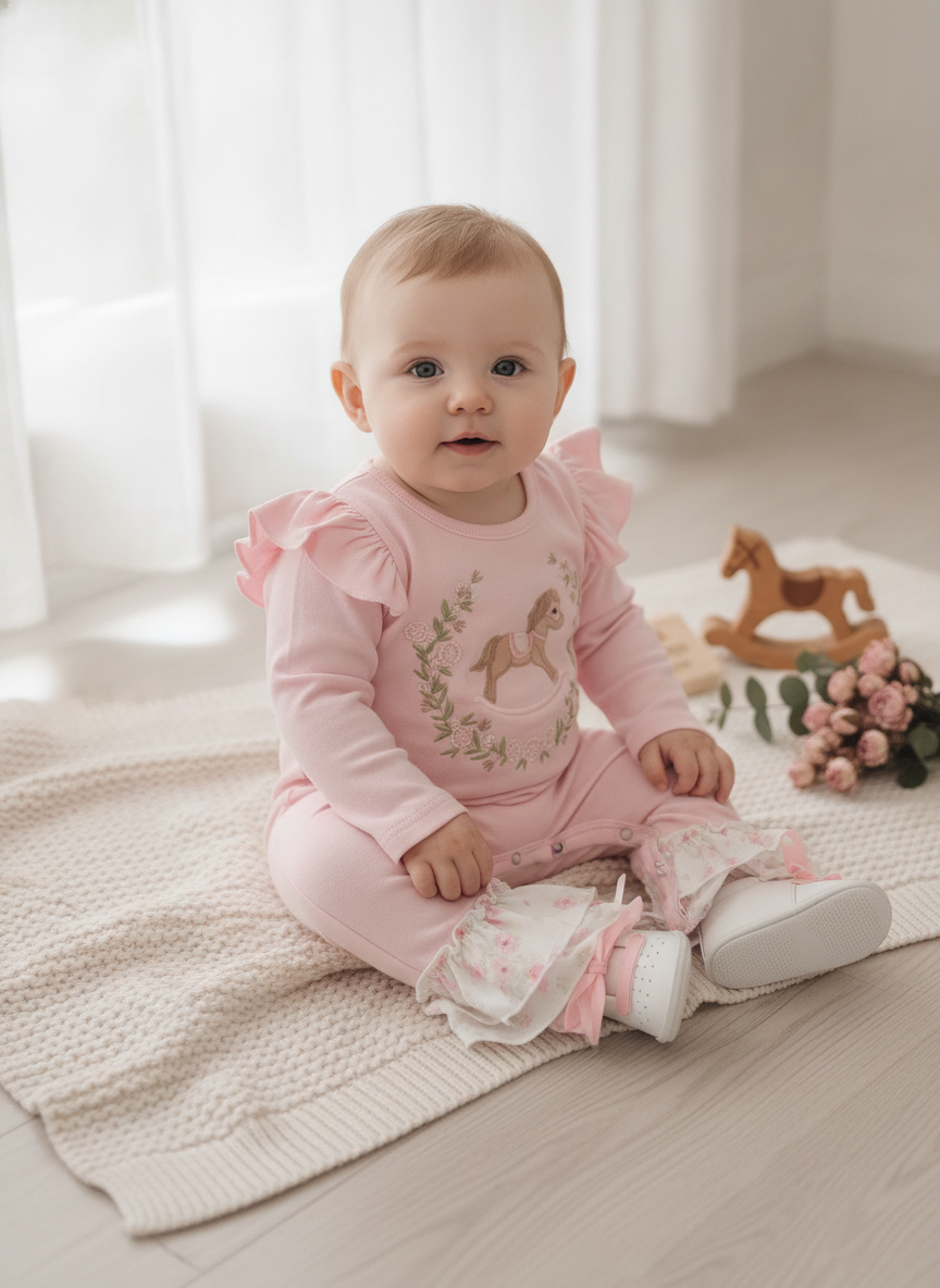 Sweet Meadow Pony Pink Floral Embroidered - Vintage Rocking Horse Romper