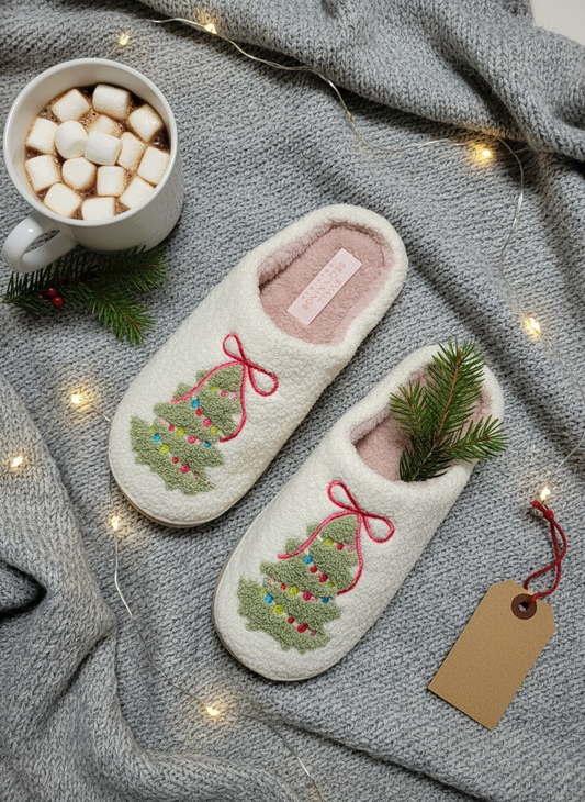 Christmas Tree Bedroom Shoes with bow embroidery - Small Beginnings Boutique