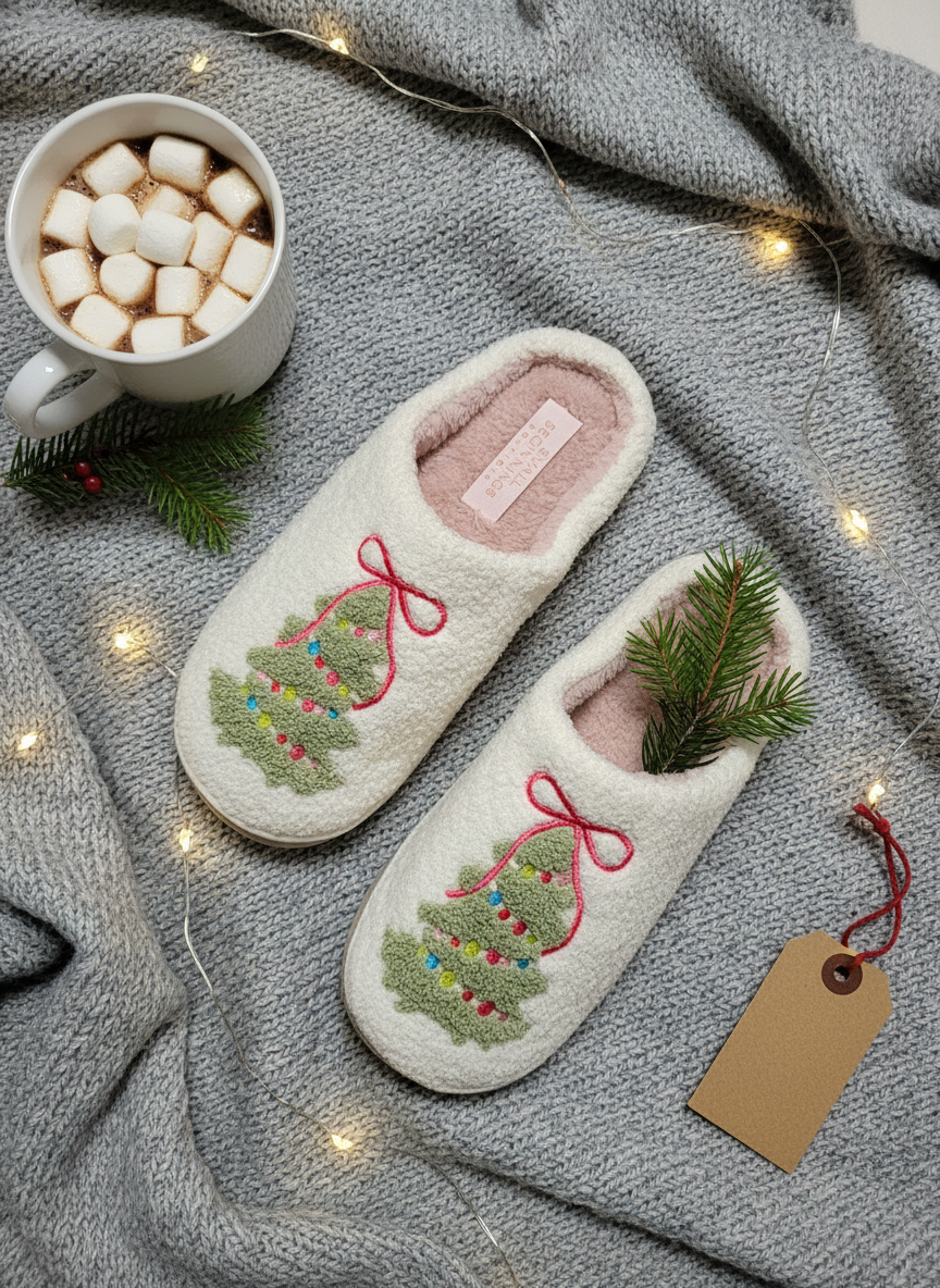 Christmas Tree Bedroom Shoes with bow embroidery - Small Beginnings Boutique