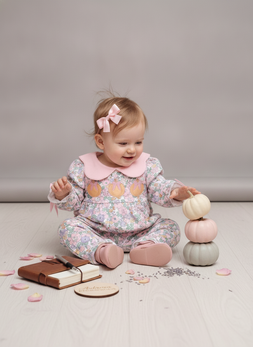 Baby Girl Floral Pumpkin Romper with Peter Pan Collar & Bow Details