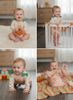 A four-panel collage showing a baby modeling a peach and white gingham long-sleeve romper with green bow accents and a matching gingham diaper cover. The baby is shown sitting on a white rug holding a pumpkin, standing in a white crib with a fall garland, crawling on a wood floor, and sitting on a striped knit blanket.