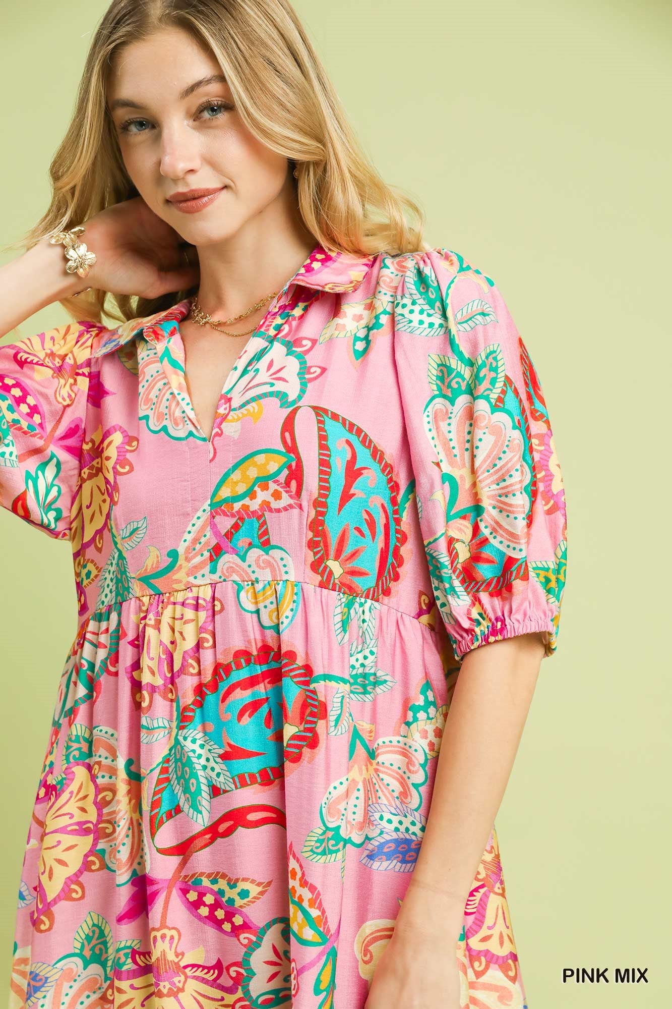 Mix Paisley Floral Print Midi Dress- Umgee