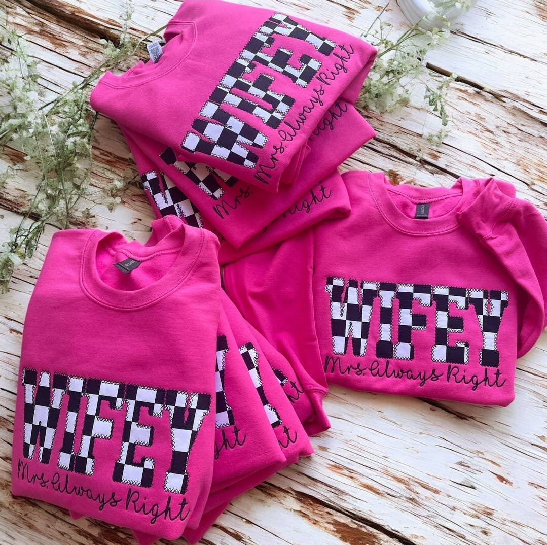 Heliconia Pink Wifey Mrs. Always Right Embroidered Sweatshirt – Funny Wife Christmas Gift, Bride Pullover, Hot Pink Embroidered Top