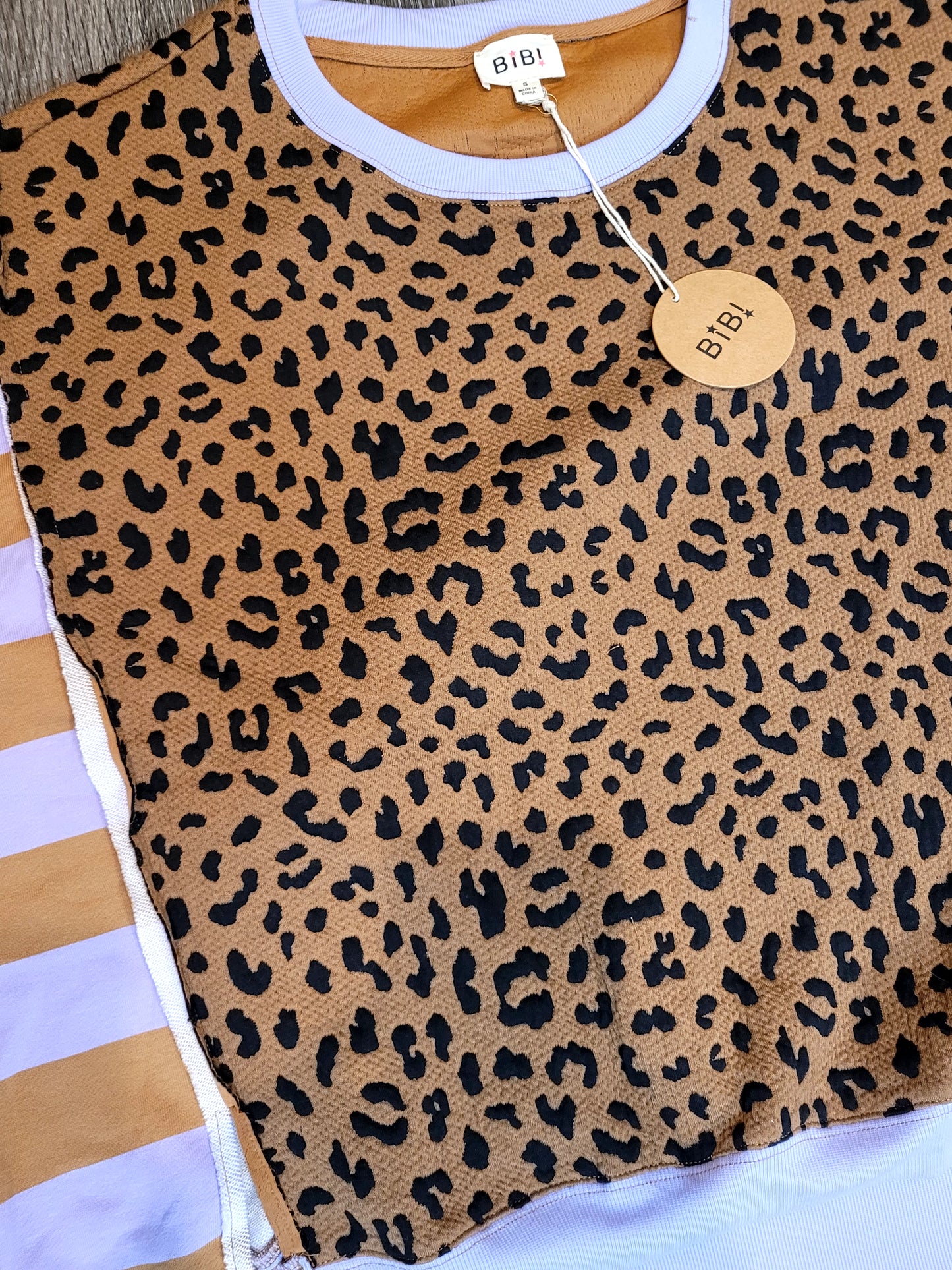 Leopard & Stripe Color Block Pullover – Lilac & Mustard | BIBI Top