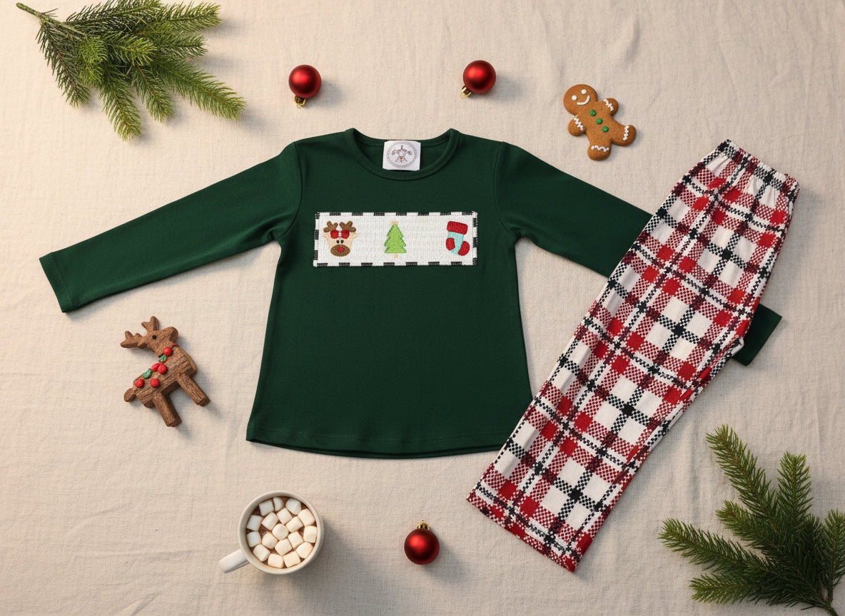 Christmas Smocked Outfit – Reindeer, Stocking & Tree (Unisex Baby, Toddler & Kids) by Small Beginnings Boutique