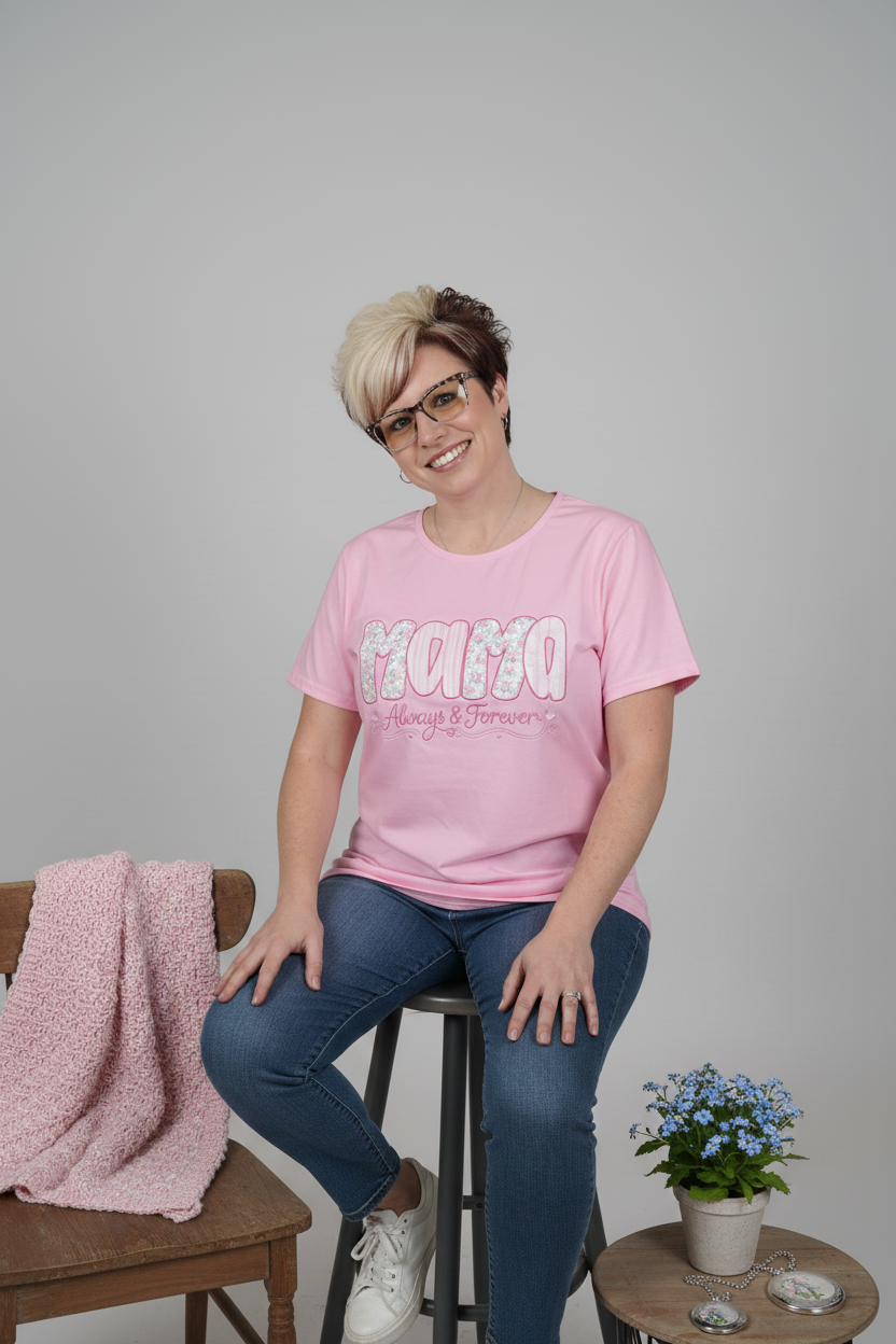 Pink MAMA Embroidered T-Shirt with Floral Appliqué - Mother's Day Gift