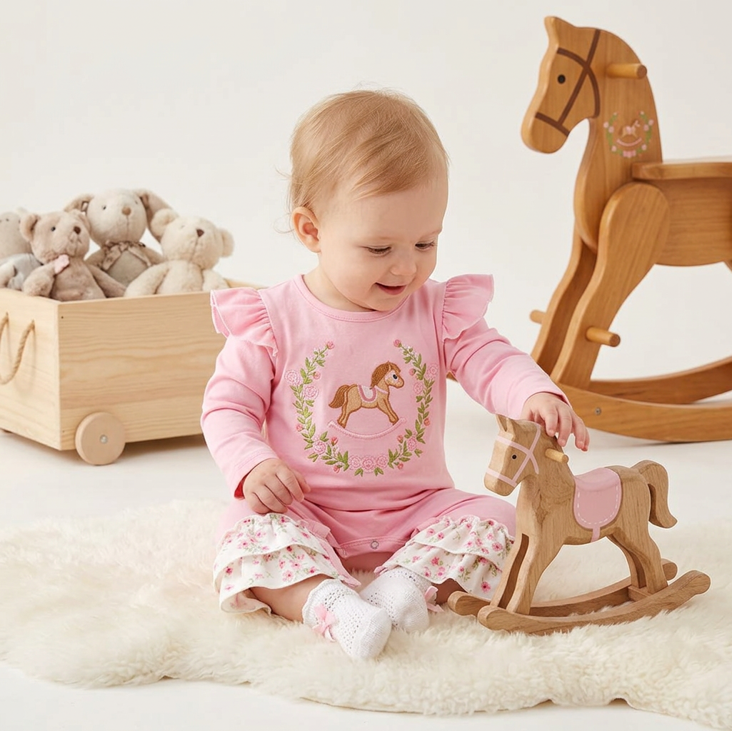 Sweet Meadow Pony Pink Floral Embroidered - Vintage Rocking Horse Romper