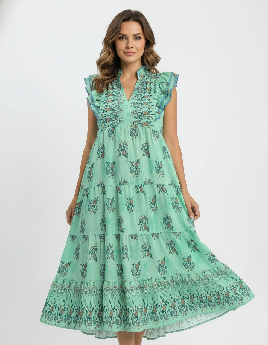 Woman wearing a green floral dress on a white background