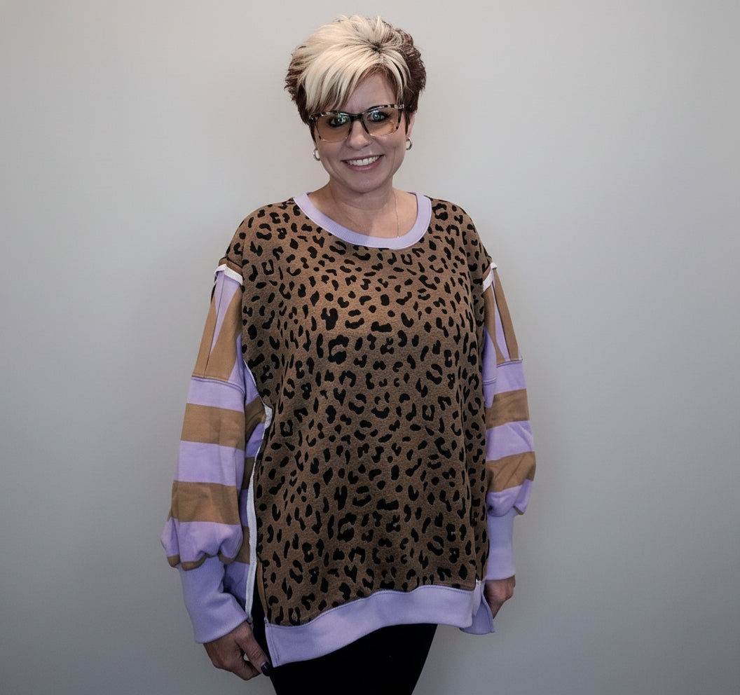 Leopard & Stripe Color Block Pullover – Lilac & Mustard | BIBI Top