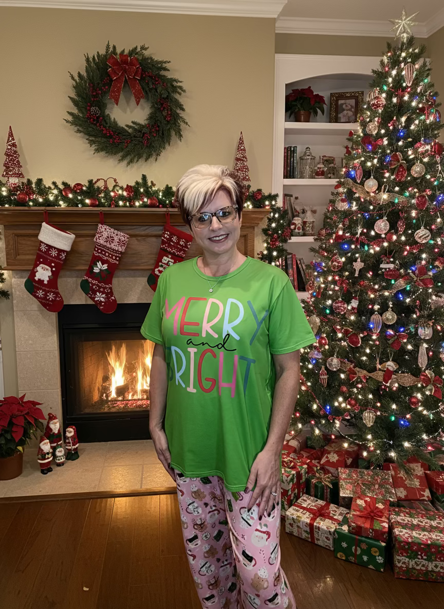 Person wearing a green 'Merry and Bright' shirt in front of a wooden wall with 'Small Beginnings Boutique' sign.