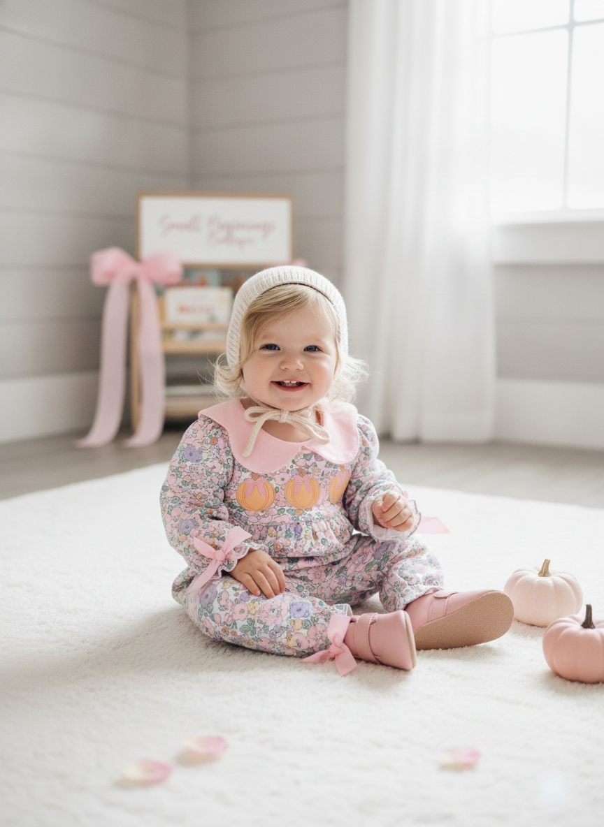 Baby Girl Floral Pumpkin Romper with Peter Pan Collar & Bow Details