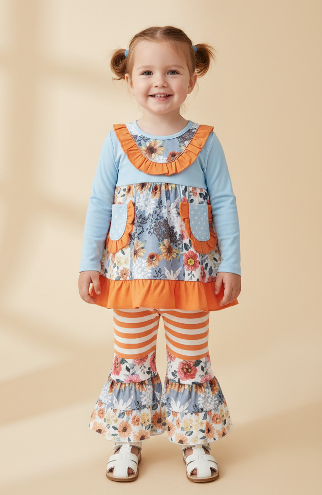 Girls Fall Bell Bottom Outfit – Light Blue Floral Boutique Set for Little Girls
