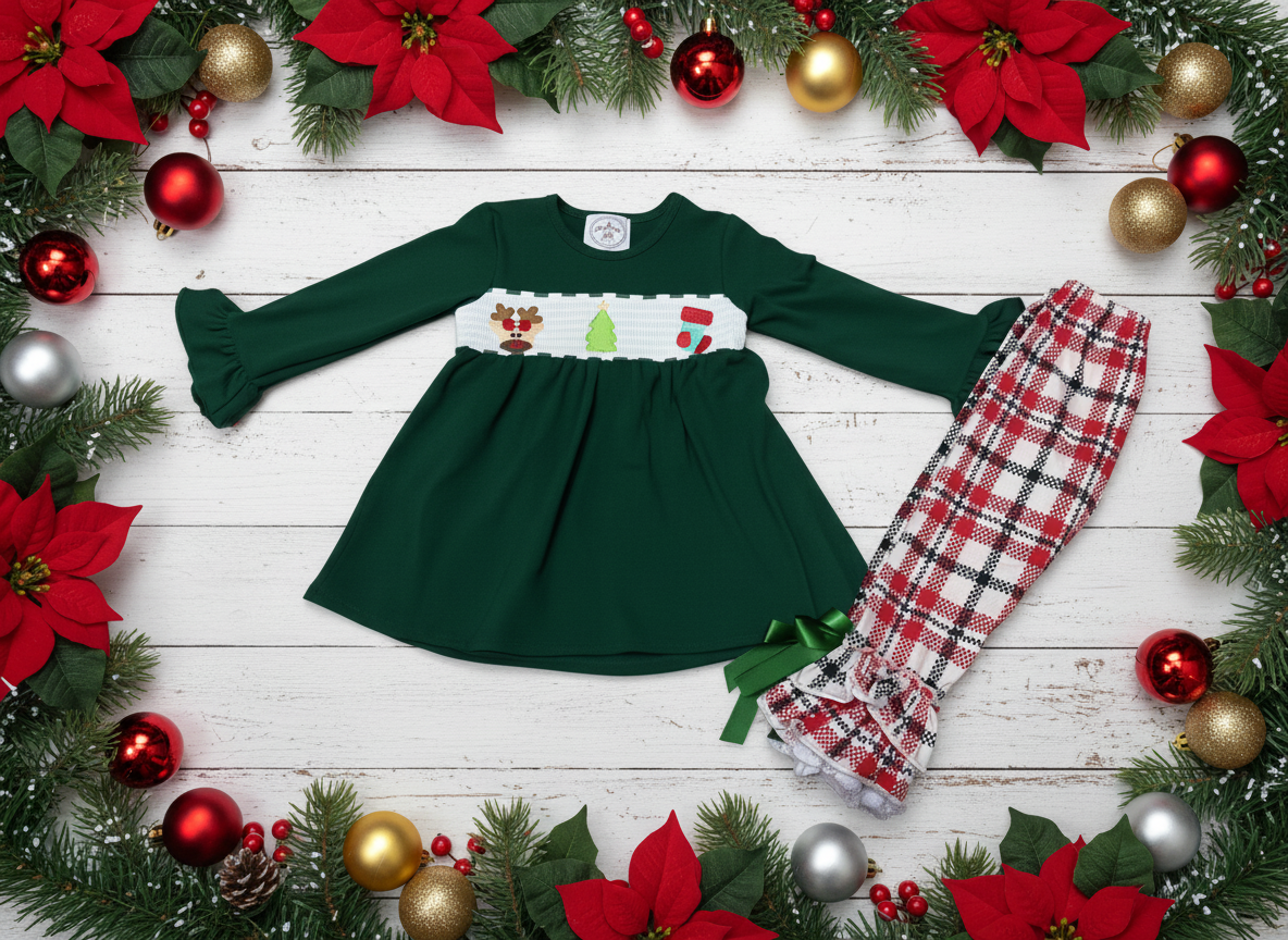 Christmas Smocked Outfit for Baby & Girls – Reindeer, Stocking & Tree Embroidery- by Small Beginnings Boutique