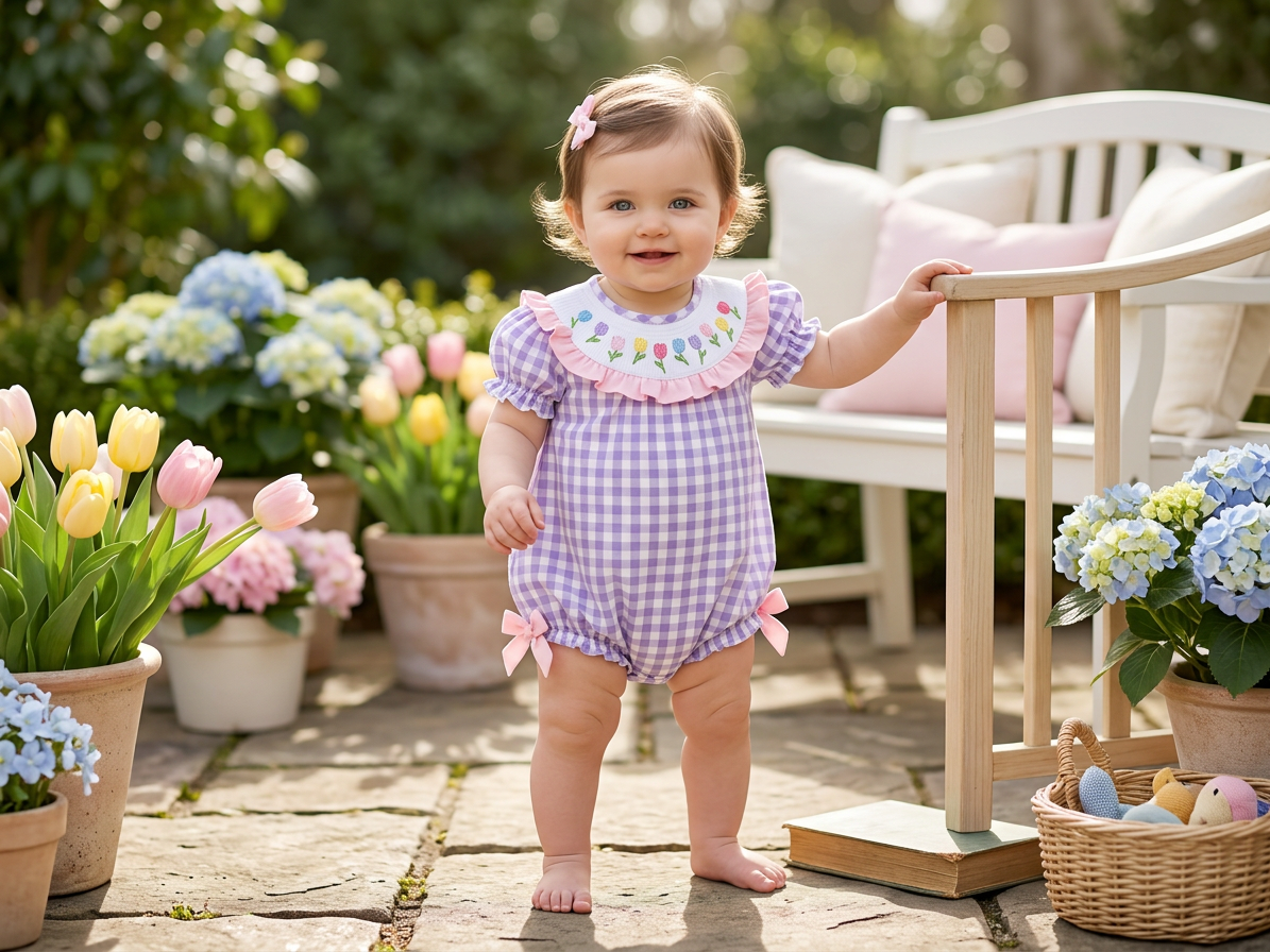 Lavender Bubble Romper for Baby Girls – Matching Smocked Dress Set