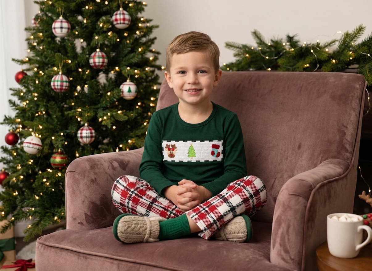 Christmas Smocked Outfit – Reindeer, Stocking & Tree (Unisex Baby, Toddler & Kids) by Small Beginnings Boutique