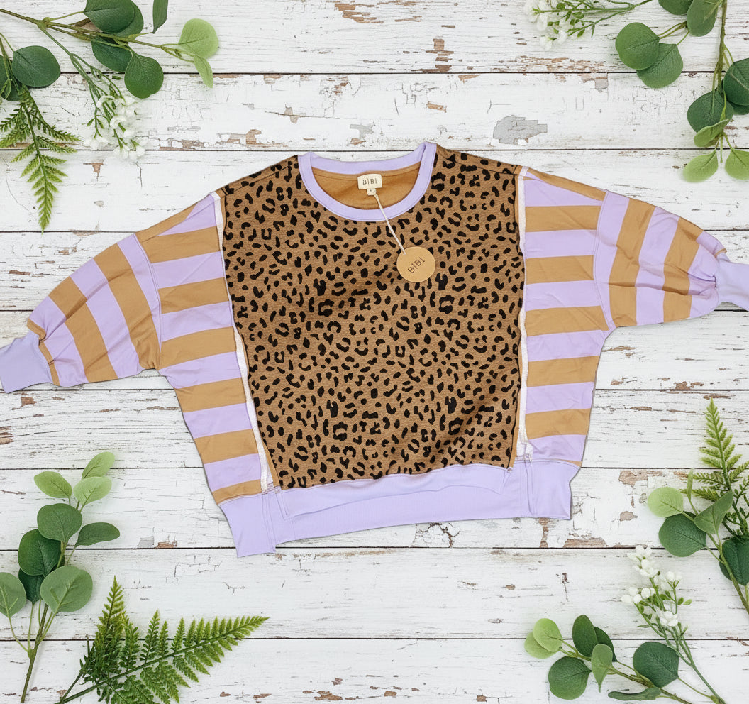 Leopard & Stripe Color Block Pullover – Lilac & Mustard | BIBI Top