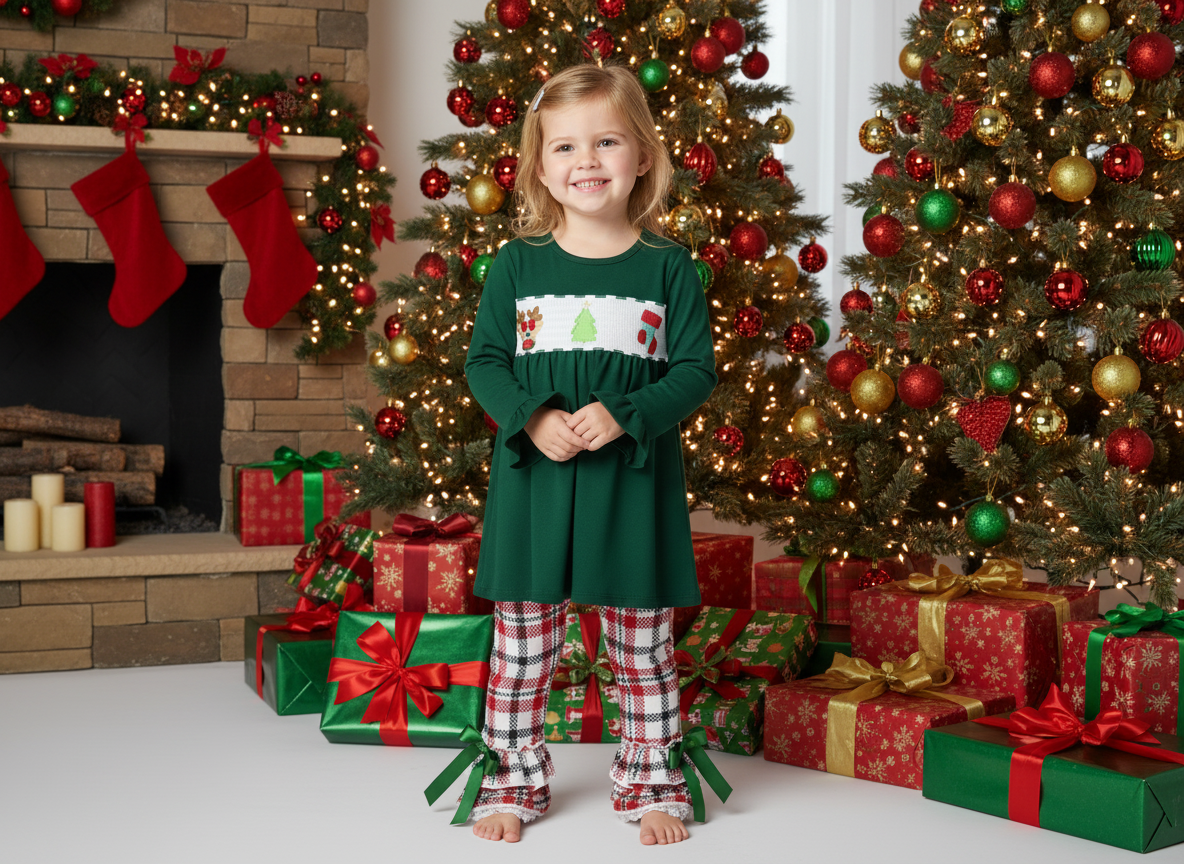 Christmas Smocked Outfit for Baby & Girls – Reindeer, Stocking & Tree Embroidery- by Small Beginnings Boutique