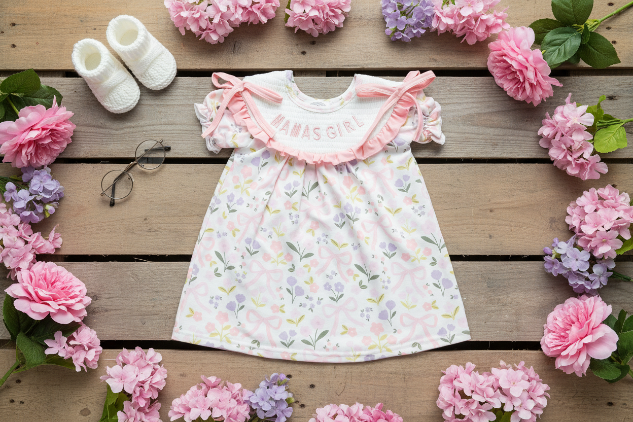 Little Smocked Embroidered Cotton Dress with floral and coquette bows Small Beginnings Boutique Little Smocked Embroidered Cotton Dress with floral and coquette bows Small Beginnings Boutique