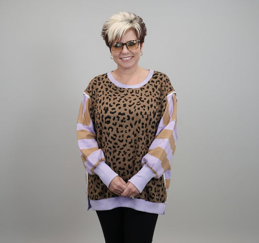 Leopard & Stripe Color Block Pullover – Lilac & Mustard | BIBI Top