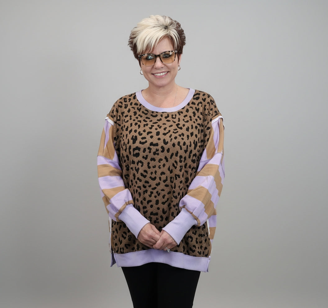 Leopard & Stripe Color Block Pullover – Lilac & Mustard | BIBI Top