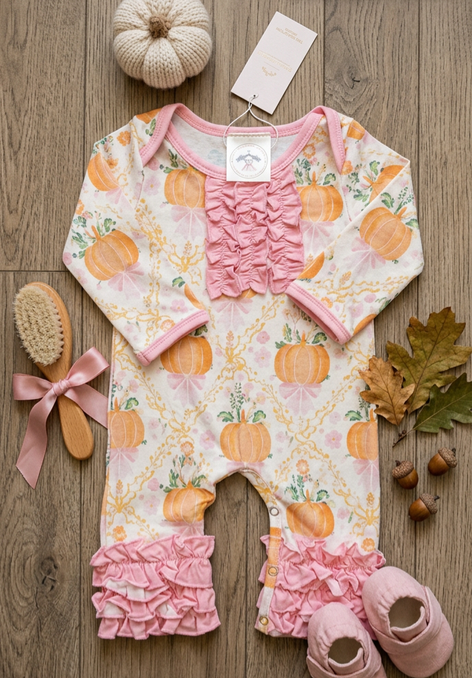 Pink Pumpkin Ruffle Romper- Baby Girl Fall Outfit Heirloom pumpkin outfit
