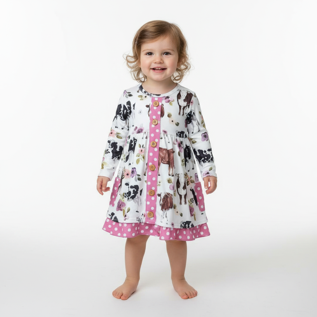 Flowery Cow Day Long Sleeve Dress