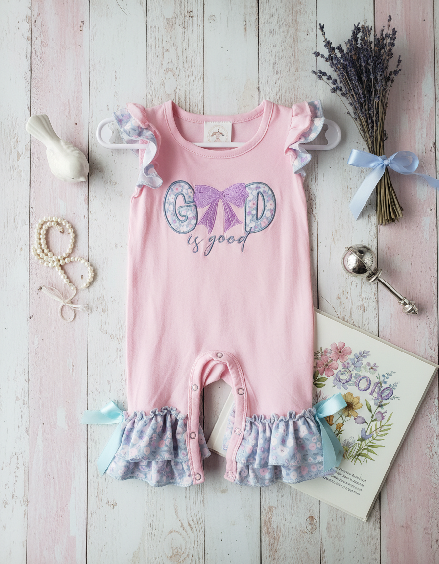 Pink baby romper with 'Good is good' text on a wooden surface with decorative items.