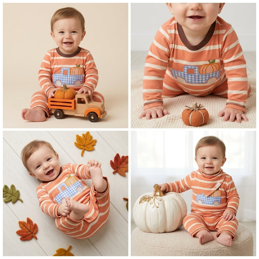 A four-panel collage showing a baby wearing an orange and cream striped long-sleeve romper with a blue gingham boat and pumpkin graphic on the chest. The baby is posed with autumn props including a wooden pumpkin truck, a small pumpkin, fall leaves, and a white pumpkin on a neutral studio background.