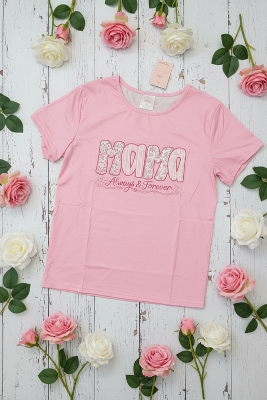 Pink MAMA Embroidered T-Shirt with Floral Appliqué - Mother's Day Gift