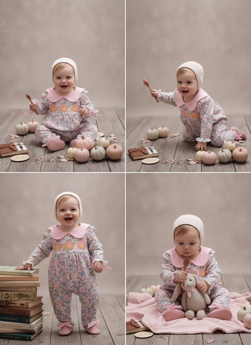Baby Girl Floral Pumpkin Romper with Peter Pan Collar & Bow Details