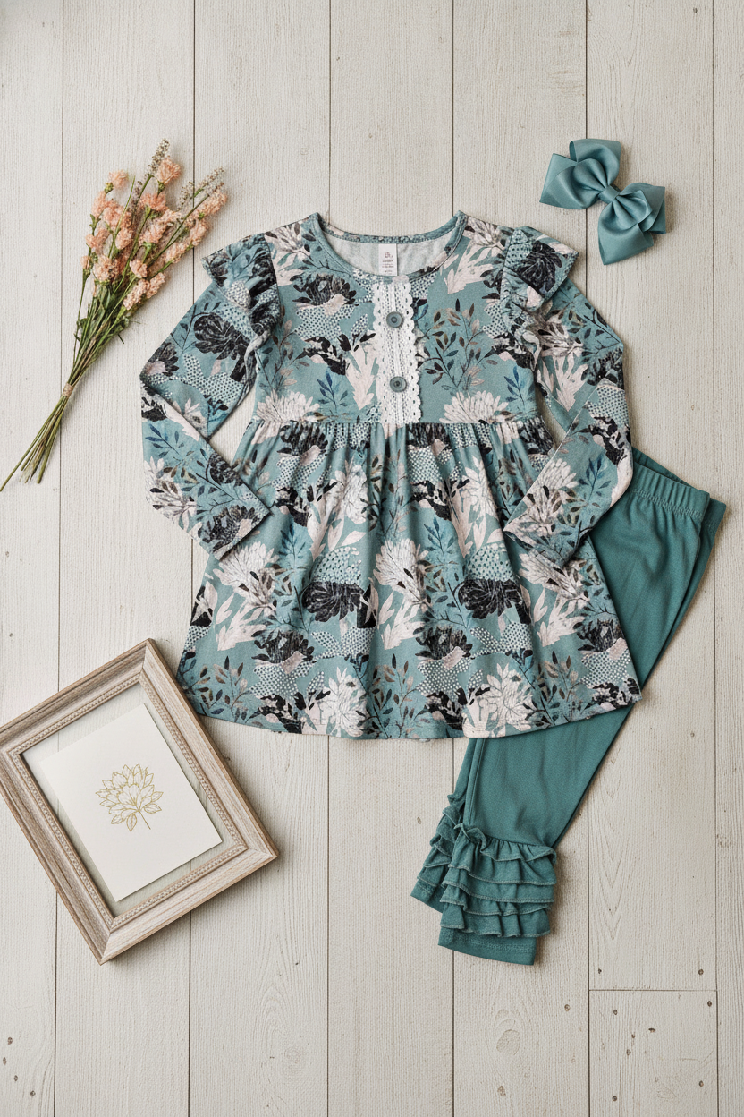 Adorable Sweetness Kids Sage Green Floral Tunic Top & Legging Pants Set