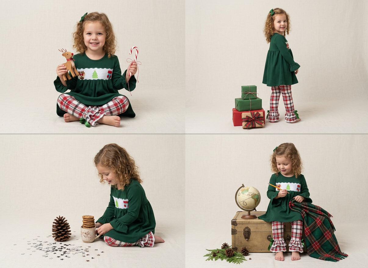A four-panel studio photo of a young girl modeling a dark green long-sleeve dress with a white chest panel and red plaid pants, posed with holiday props on a light beige background.