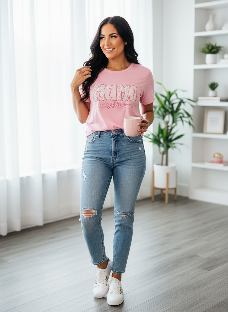 Pink MAMA Embroidered T-Shirt with Floral Appliqué - Mother's Day Gift